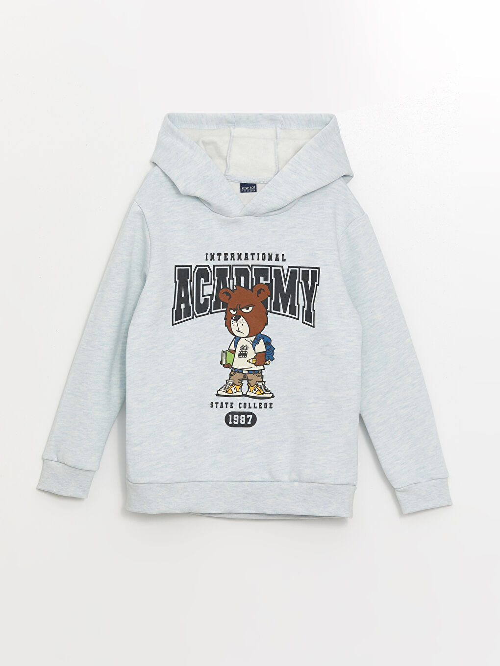 LCW ECO Mavi Melanj Kapüşonlu Baskılı Erkek Çocuk Sweatshirt