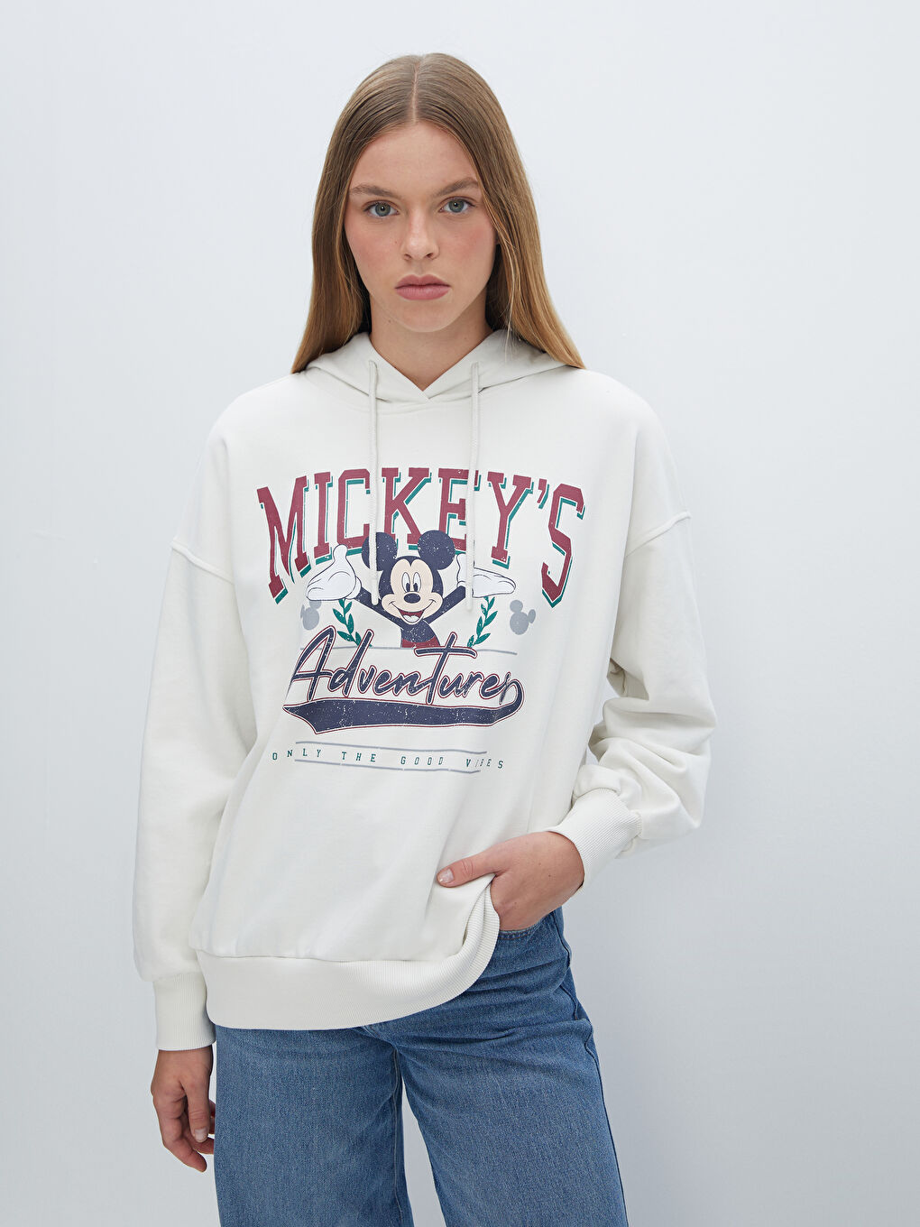 LCW Vision Açık Gri Mickey Mouse Baskılı Oversize Kadın Hoodie