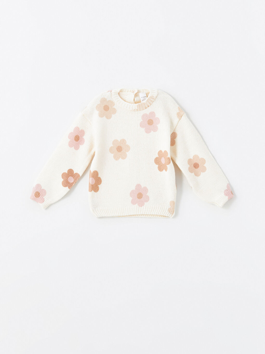Ekru Bisiklet Yaka Çiçekli Kız Çocuk Triko Kazak
