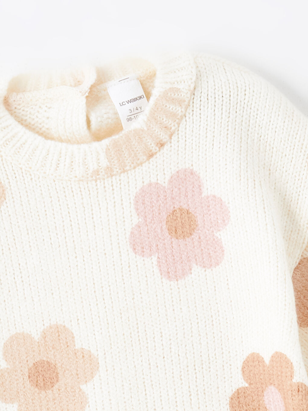Ekru Bisiklet Yaka Çiçekli Kız Çocuk Triko Kazak-2