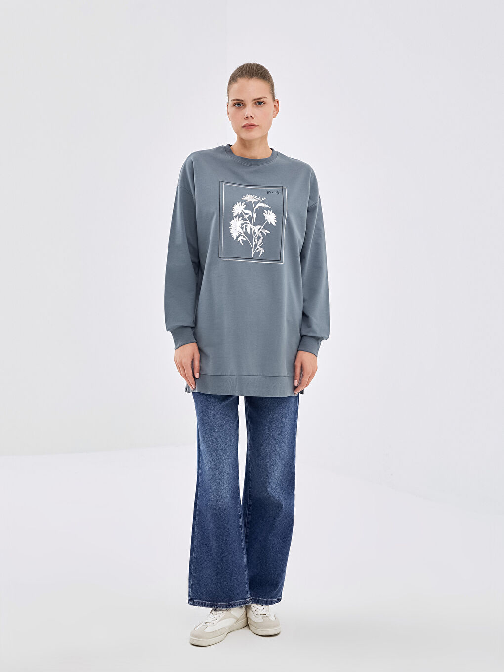 LCW Modest Gri Bisiklet Yaka Baskılı Kadın Sweatshirt Tunik - 1