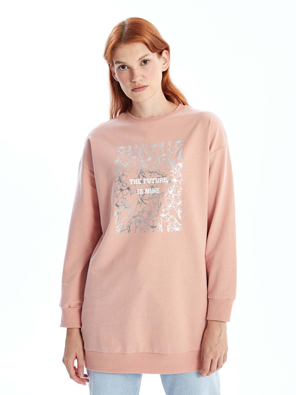 LCW Modest Açık Pembe Bisiklet Yaka Baskılı Kadın Sweatshirt Tunik