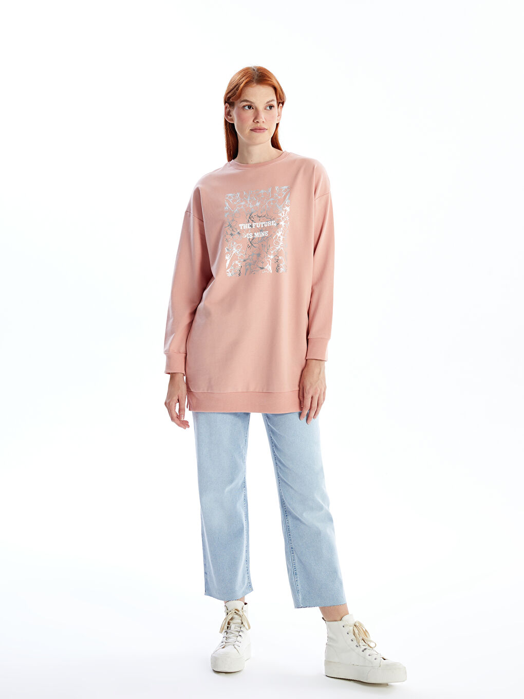 LCW Modest Açık Pembe Bisiklet Yaka Baskılı Kadın Sweatshirt Tunik - 1