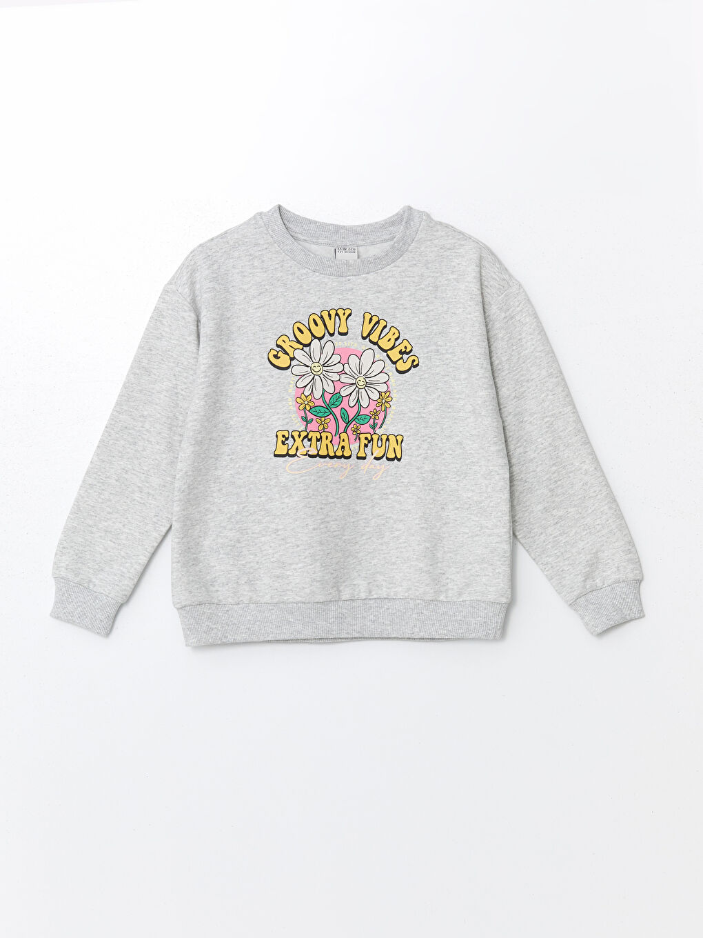 Gri Bisiklet Yaka Çiçekli Kız Çocuk Sweatshirt