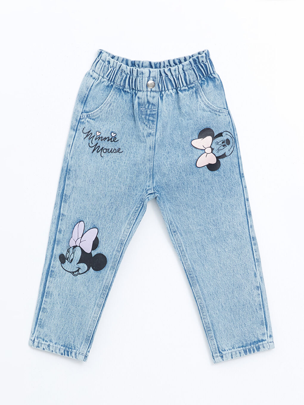 LCW Kids Açık Mavi Asit Yıkamalı Beli Lastikli Minnie Mouse Baskılı Kız Çocuk Jean Pantolon