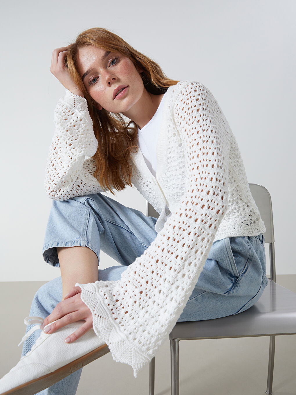 V-Neck Hole-Knitted Long Sleeve Women's Knitwear Cardigan