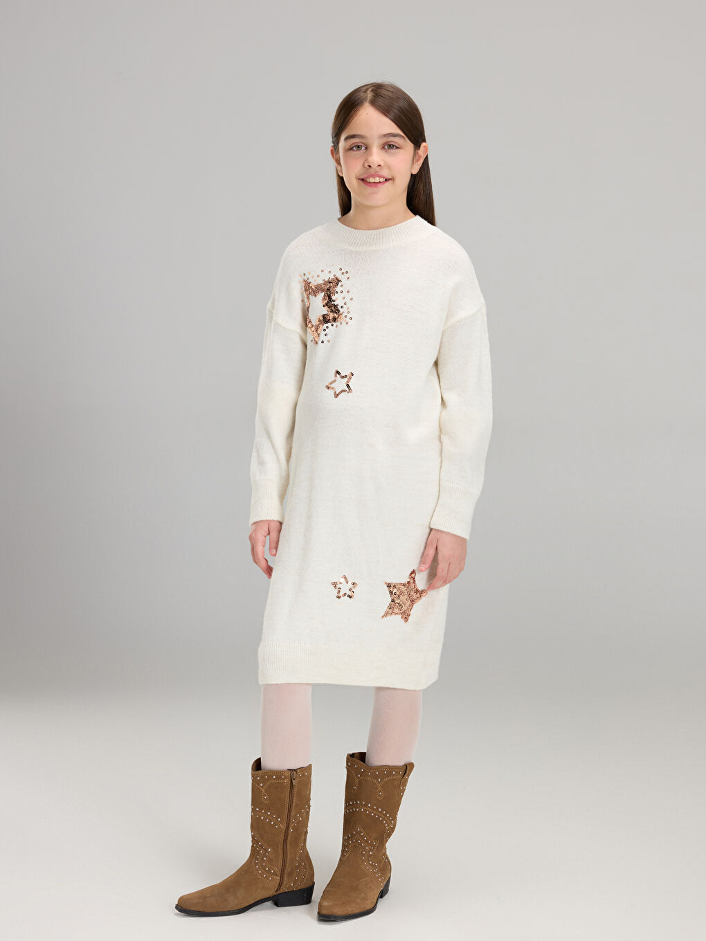 Ekru Bisiklet Yaka Pul İşlemeli Kız Çocuk Elbise-1