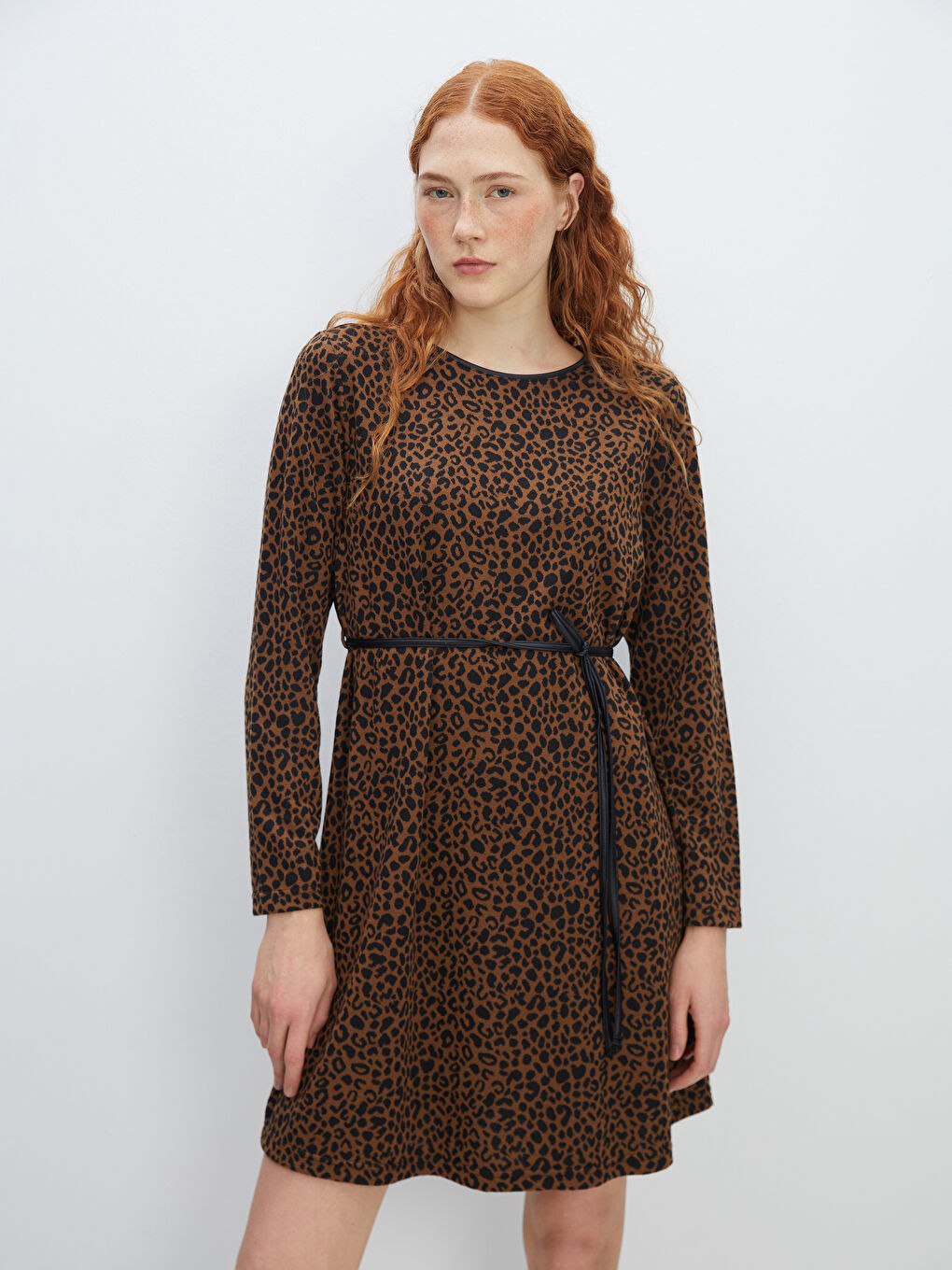 Crew Neck Leopard Print Women's Dress -W4GP45Z8-LQY
