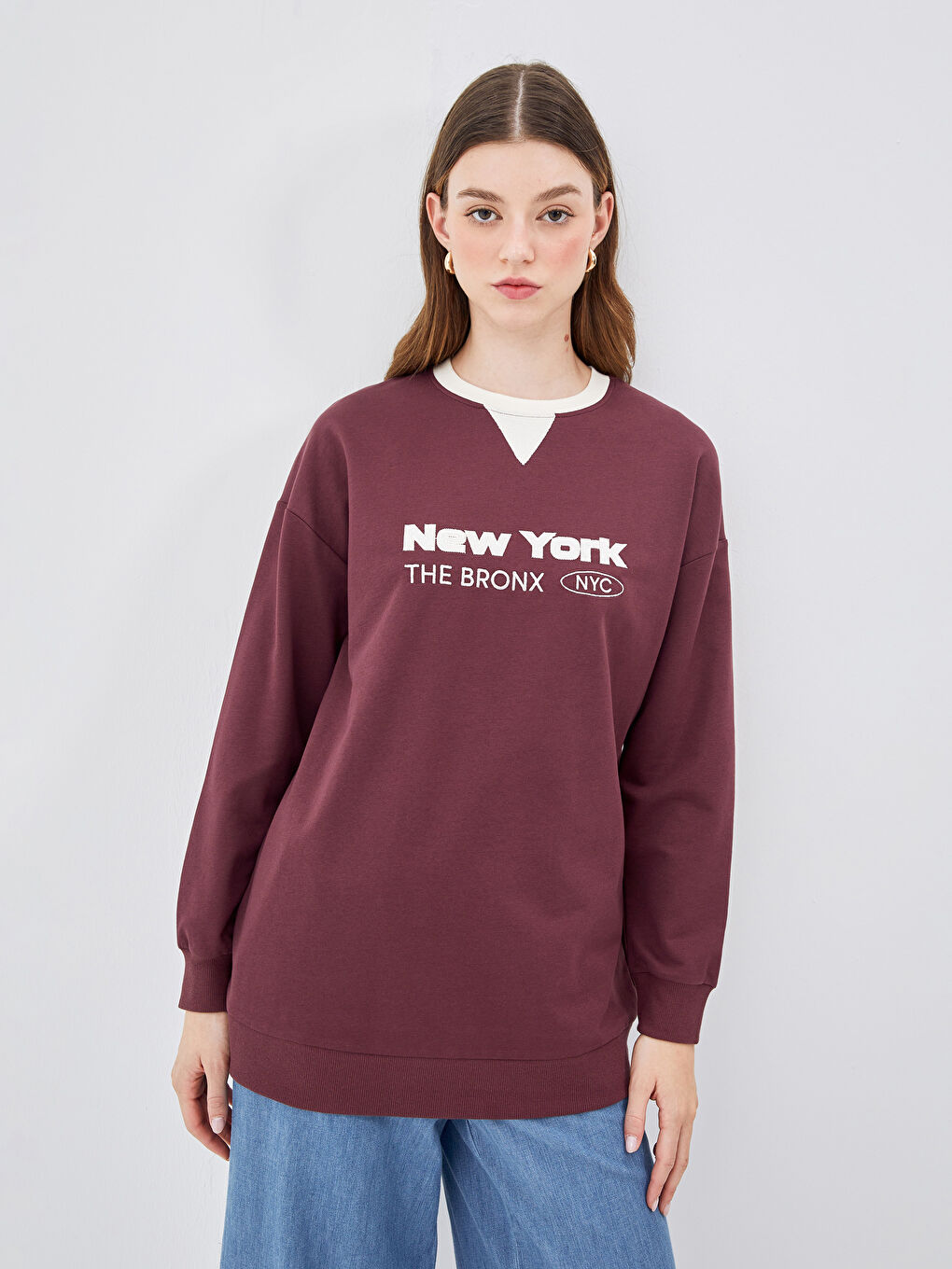 LCW Modest Bordo Bisiklet Yaka Nakışlı Kadın Sweatshirt Tunik