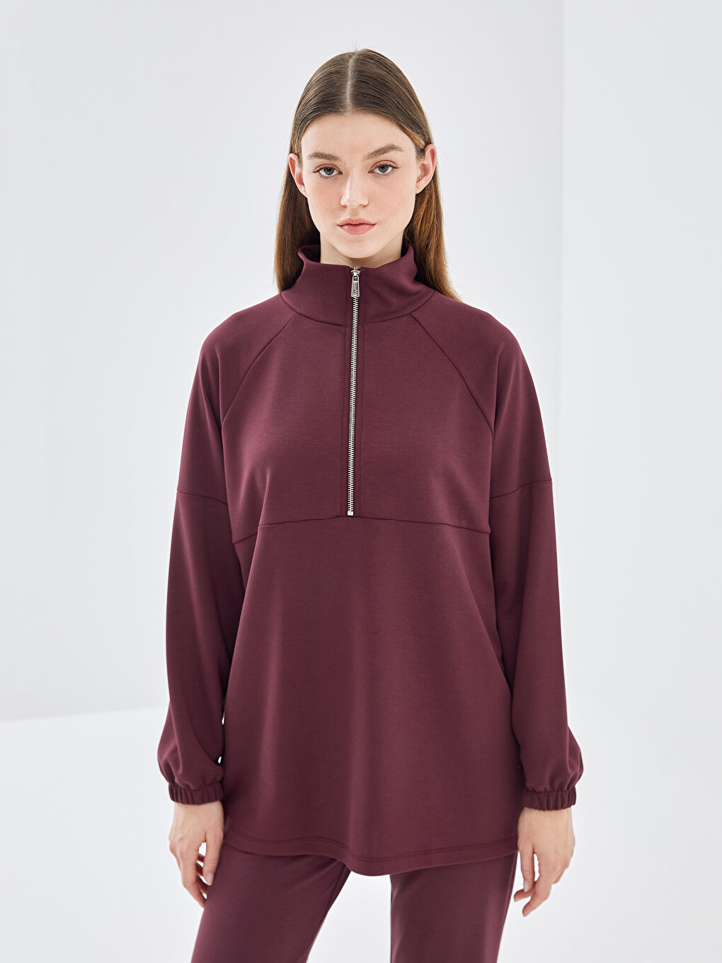 LCW Modest Mürdüm Dik Yaka Düz Oversize Kadın Sweatshirt Tunik