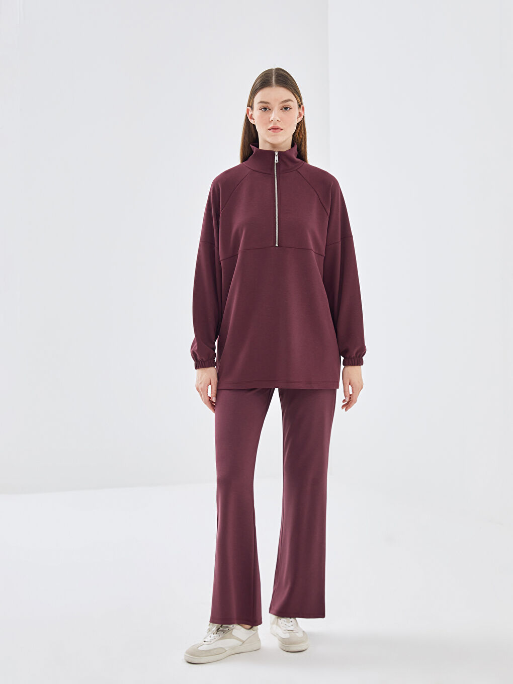 LCW Modest Mürdüm Dik Yaka Düz Oversize Kadın Sweatshirt Tunik - 1