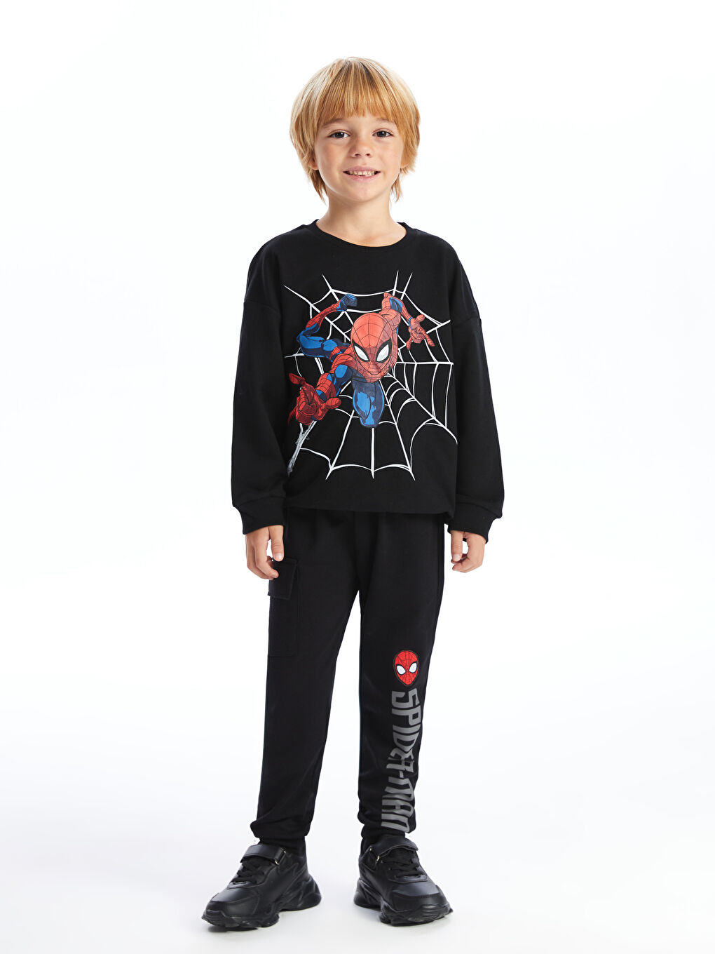 Siyah Bisiklet Yaka Uzun Kollu Spider-Man Baskılı Erkek Çocuk Sweatshirt-1