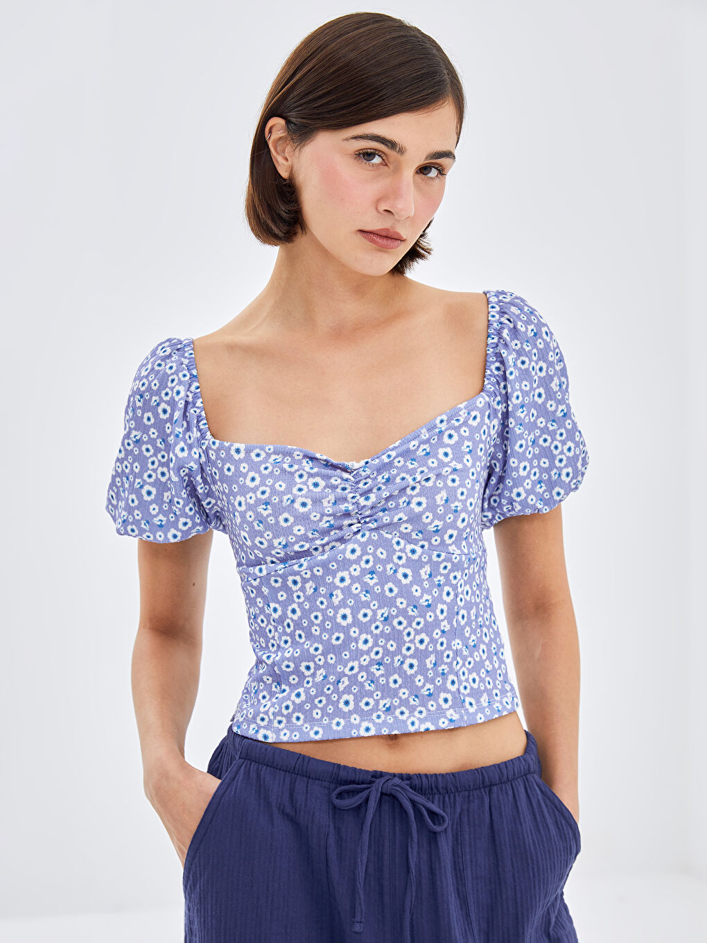 Slash Neck Floral Balloon Sleeve Women's Crop Top -W4GS87Z8-LSC