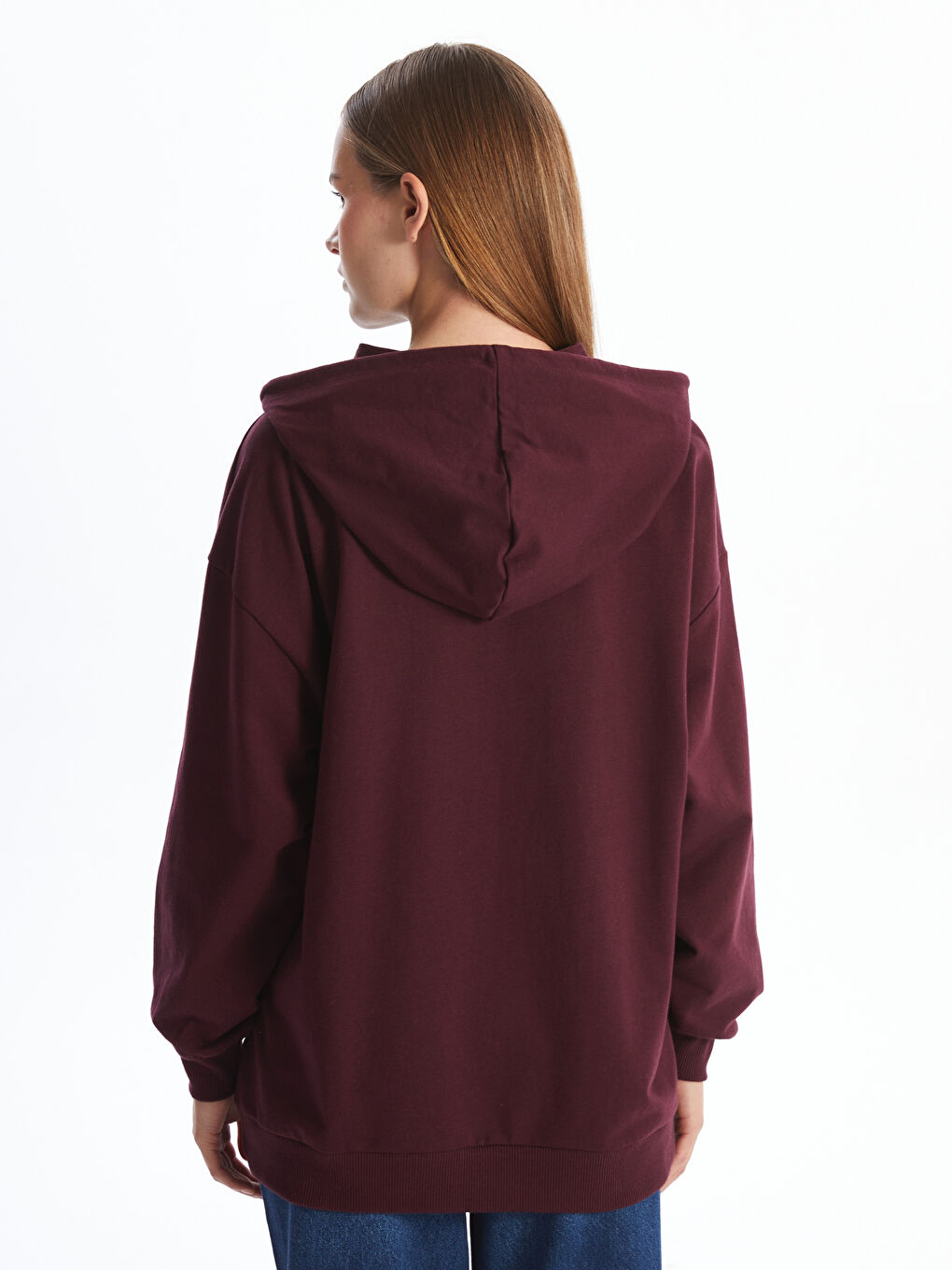 LCW Modest Bordo Kapüşonlu Baskılı Oversize Kadın Sweatshirt Tunik - 3