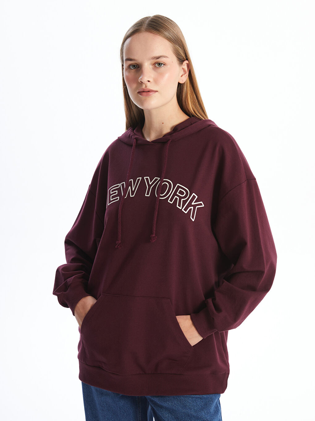 LCW Modest Bordo Kapüşonlu Baskılı Oversize Kadın Sweatshirt Tunik