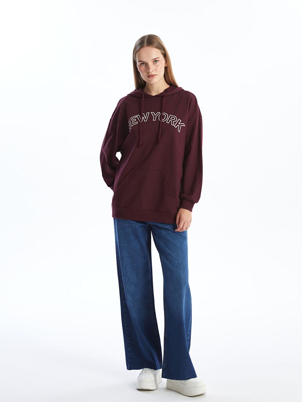 LCW Modest Bordo Kapüşonlu Baskılı Oversize Kadın Sweatshirt Tunik - 1