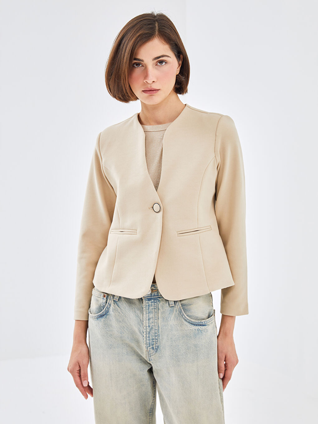 Button Closure Plain Long Sleeve Women's Jacket