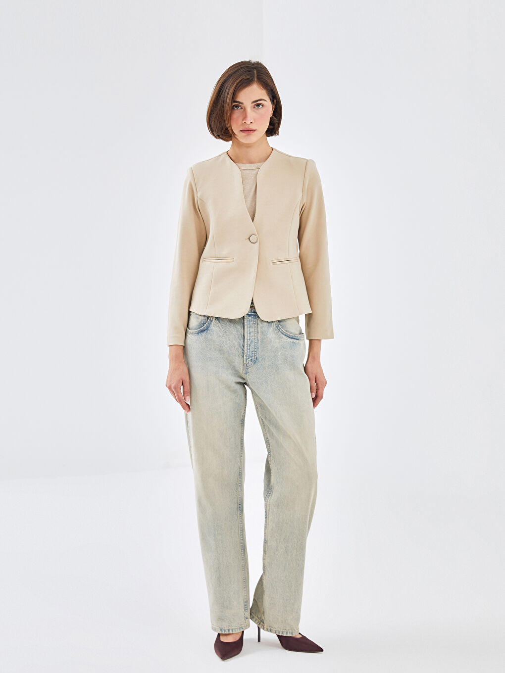 Button Closure Plain Long Sleeve Women's Jacket-1