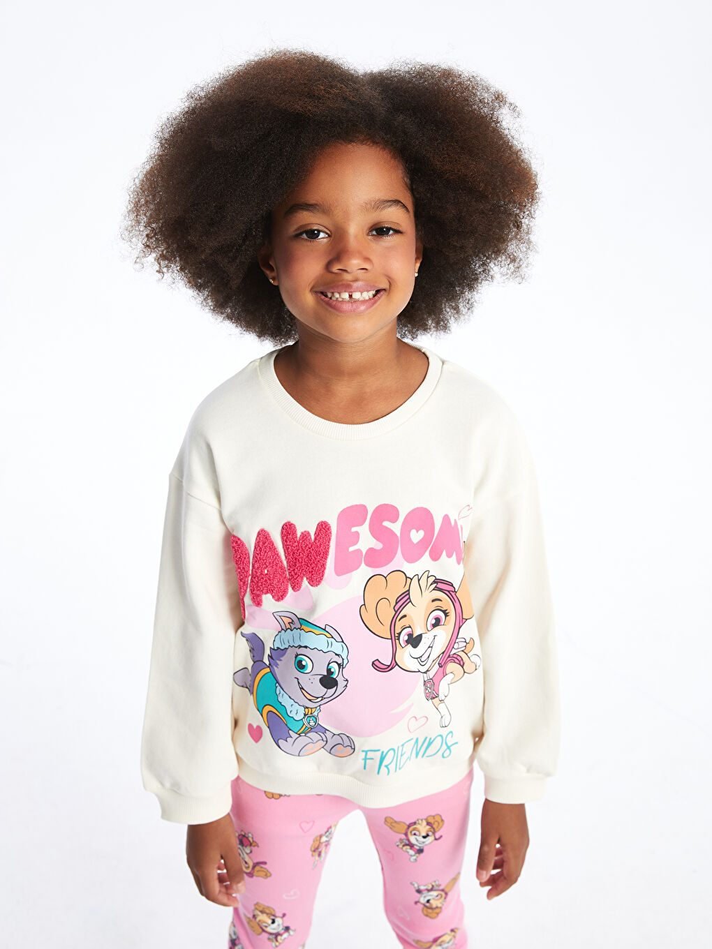 LCW Kids Ekru Bisiklet Yaka Paw Patrol Baskılı Kız Çocuk Sweatshirt ve Tayt 2'li Takım