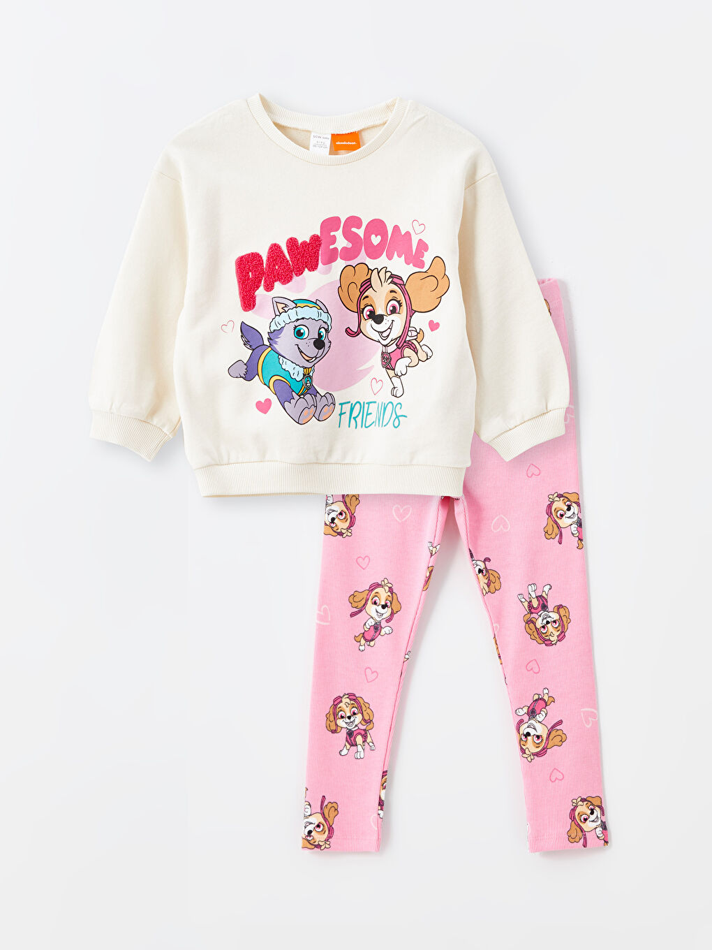 LCW Kids Ekru Bisiklet Yaka Paw Patrol Baskılı Kız Çocuk Sweatshirt ve Tayt 2'li Takım