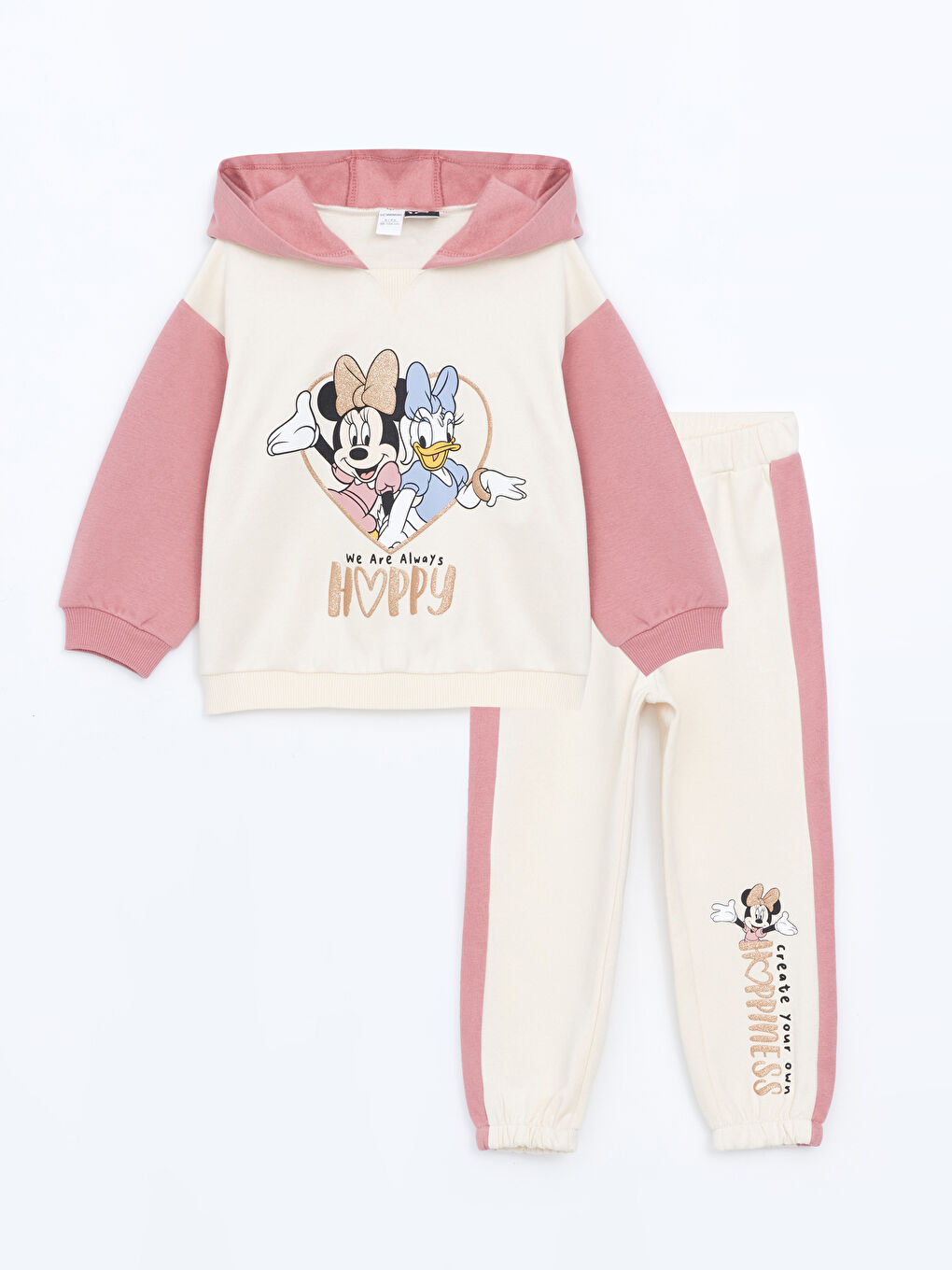 LCW Kids Ekru Bisiklet Yaka Minnie Mouse Baskılı Kız Çocuk Sweatshirt ve Eşofman Alt 2'li