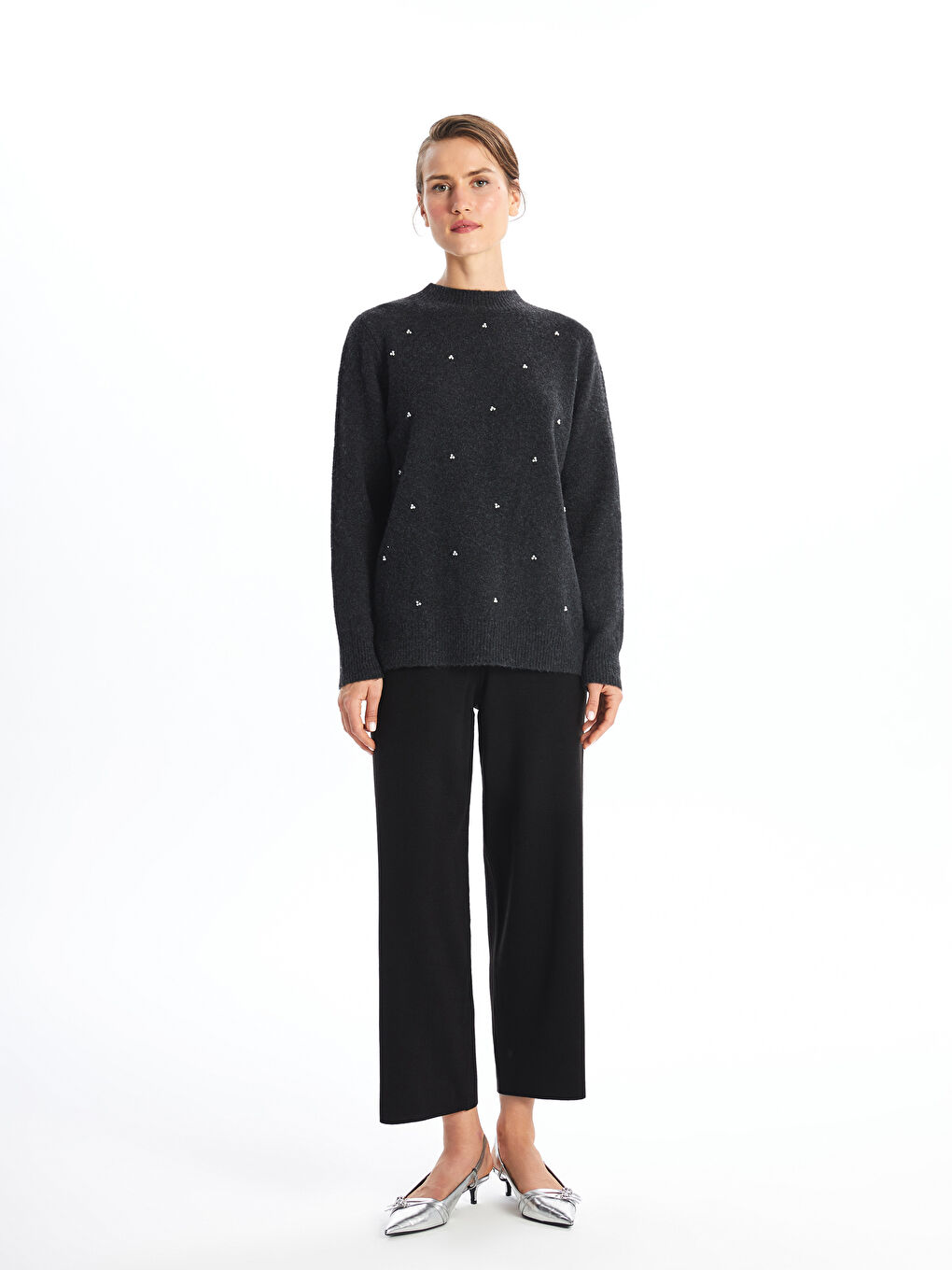 LCWAIKIKI Basic Crew Neck Rhinestone Embellished Women's Knitwear Sweater -W4GV32Z8-JF7