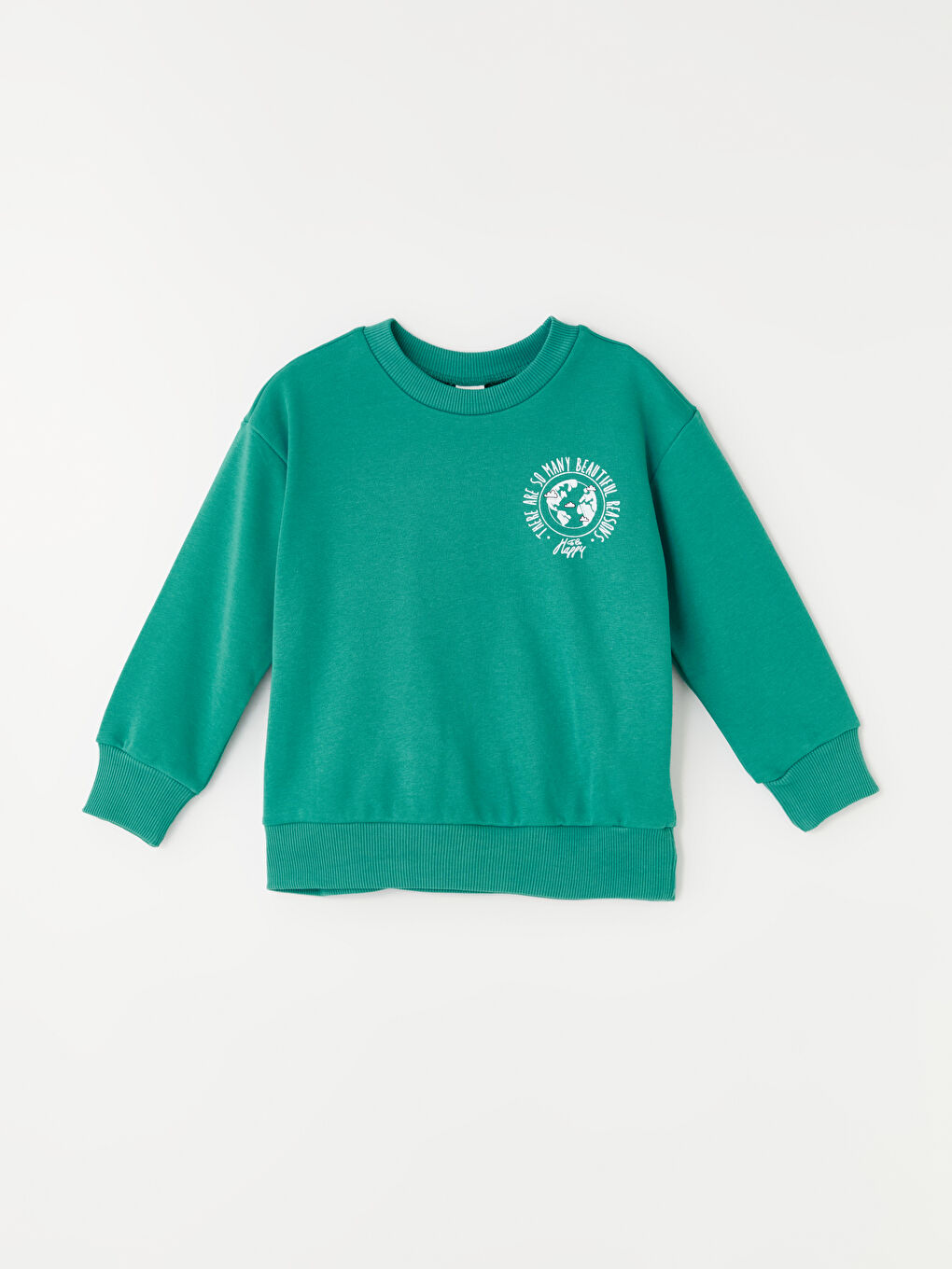 LCW ECO Mat Yeşil Bisiklet Yaka Baskılı Uzun Kollu Kız Çocuk Sweatshirt