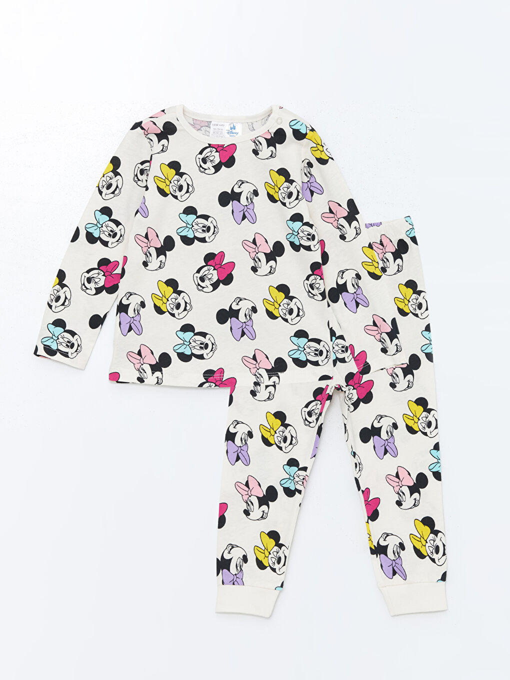 LCW baby Açık Bej Baskılı Bisiklet Yaka Uzun Kollu Minnie Mouse Baskılı Kız Bebek Pijama Takımı