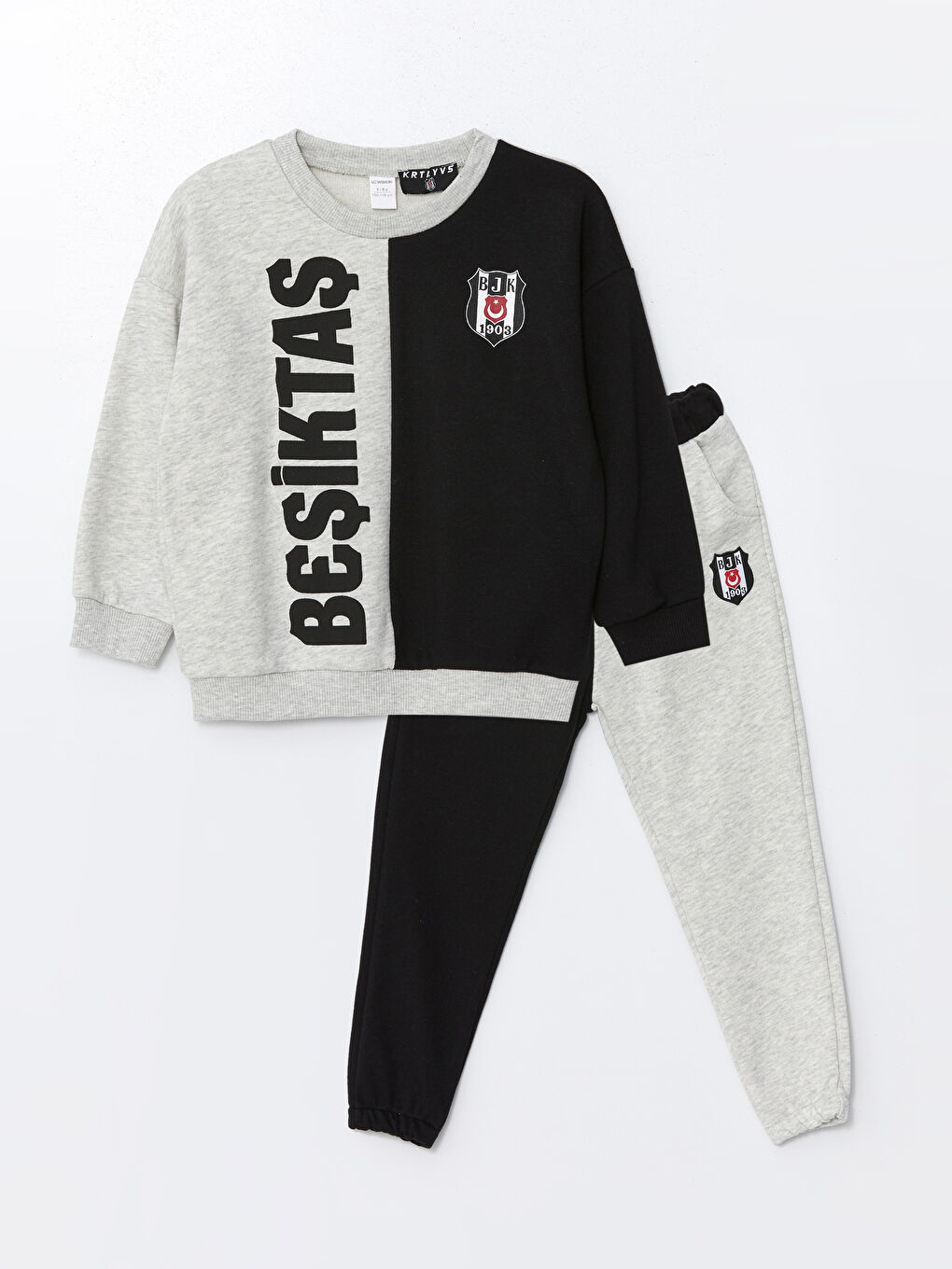 LCW Kids Gri Melanj Bisiklet Yaka Beşiktaş Baskılı Erkek Çocuk Sweatshirt ve Eşofman Alt 2'li Takım