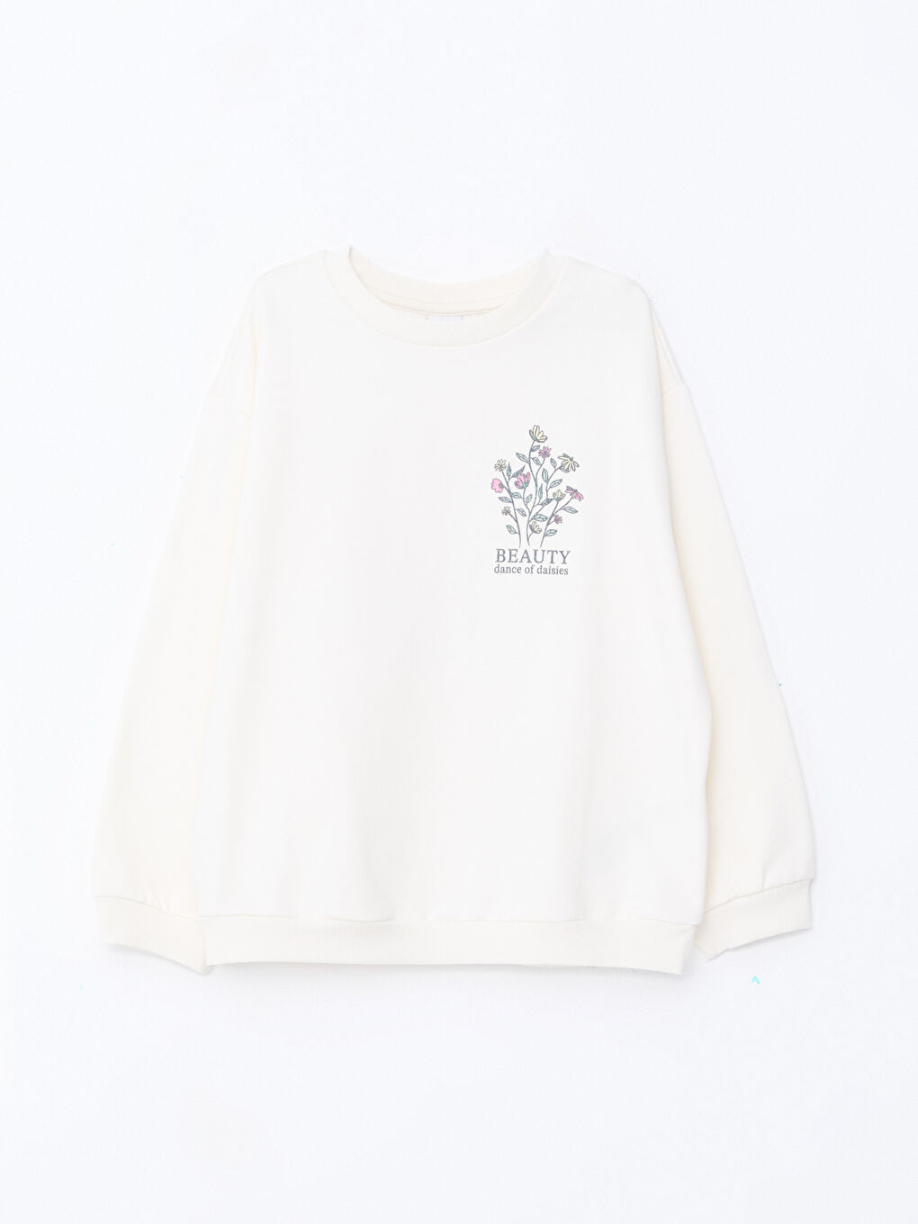 Ekru Bisiklet Yaka Çiçekli Kız Çocuk Sweatshirt