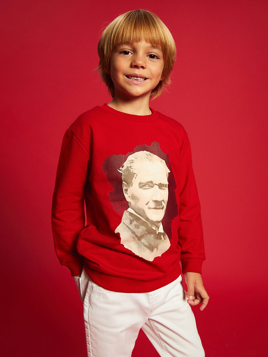 LCW Kids Kırmızı Bisiklet Yaka Atatürk Baskılı Erkek Bebek Sweatshirt - 1