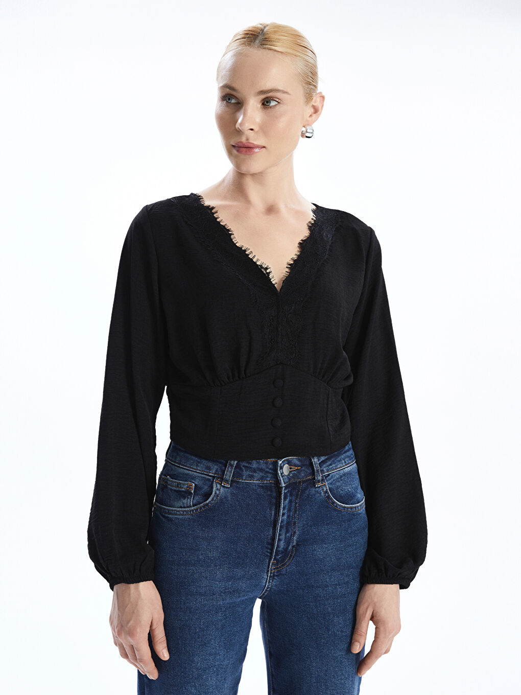 LCW Vision V Neck Lace Detailed Women's Blouse -W4H224Z8-CVL