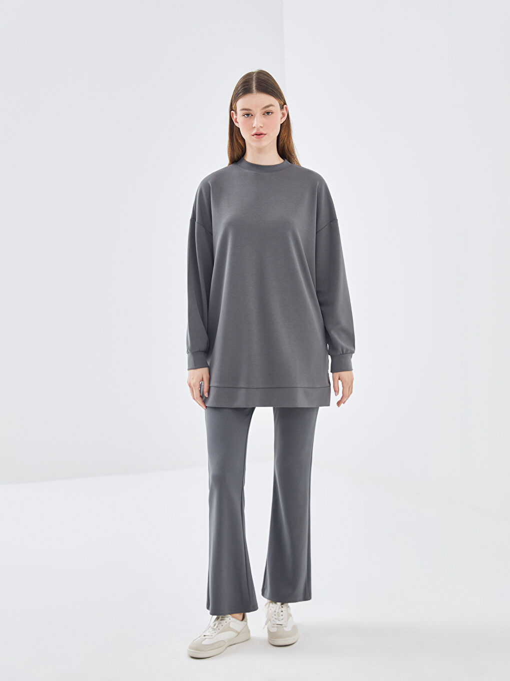 LCW Modest Gri Bisiklet Yaka Kadın Sweatshirt Tunik - 1