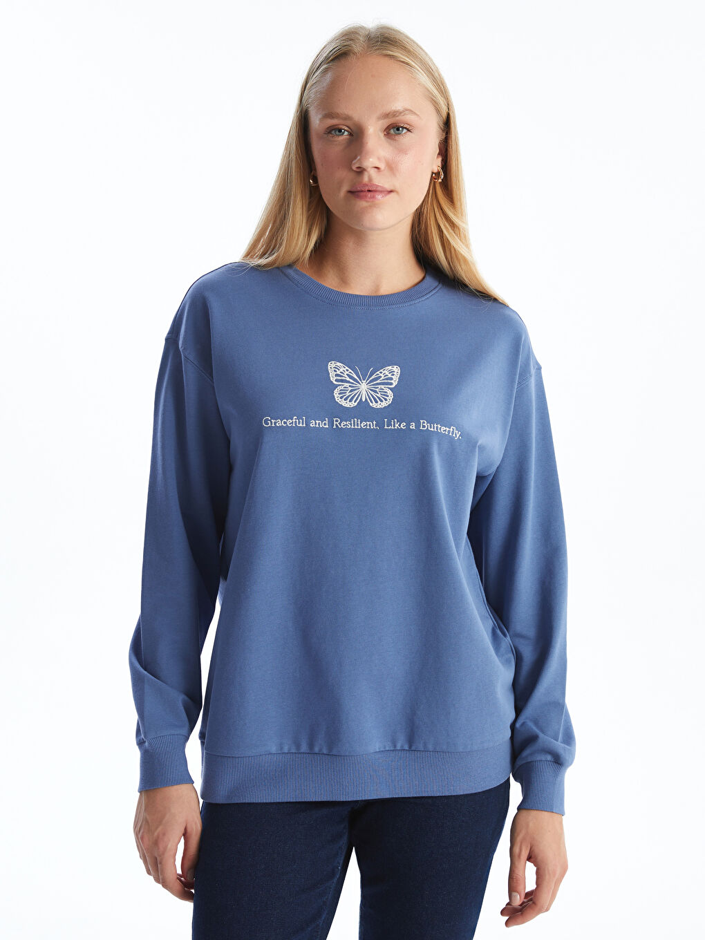 LCW Comfort Mavi Bisiklet Yaka Nakışlı Kadın Sweatshirt