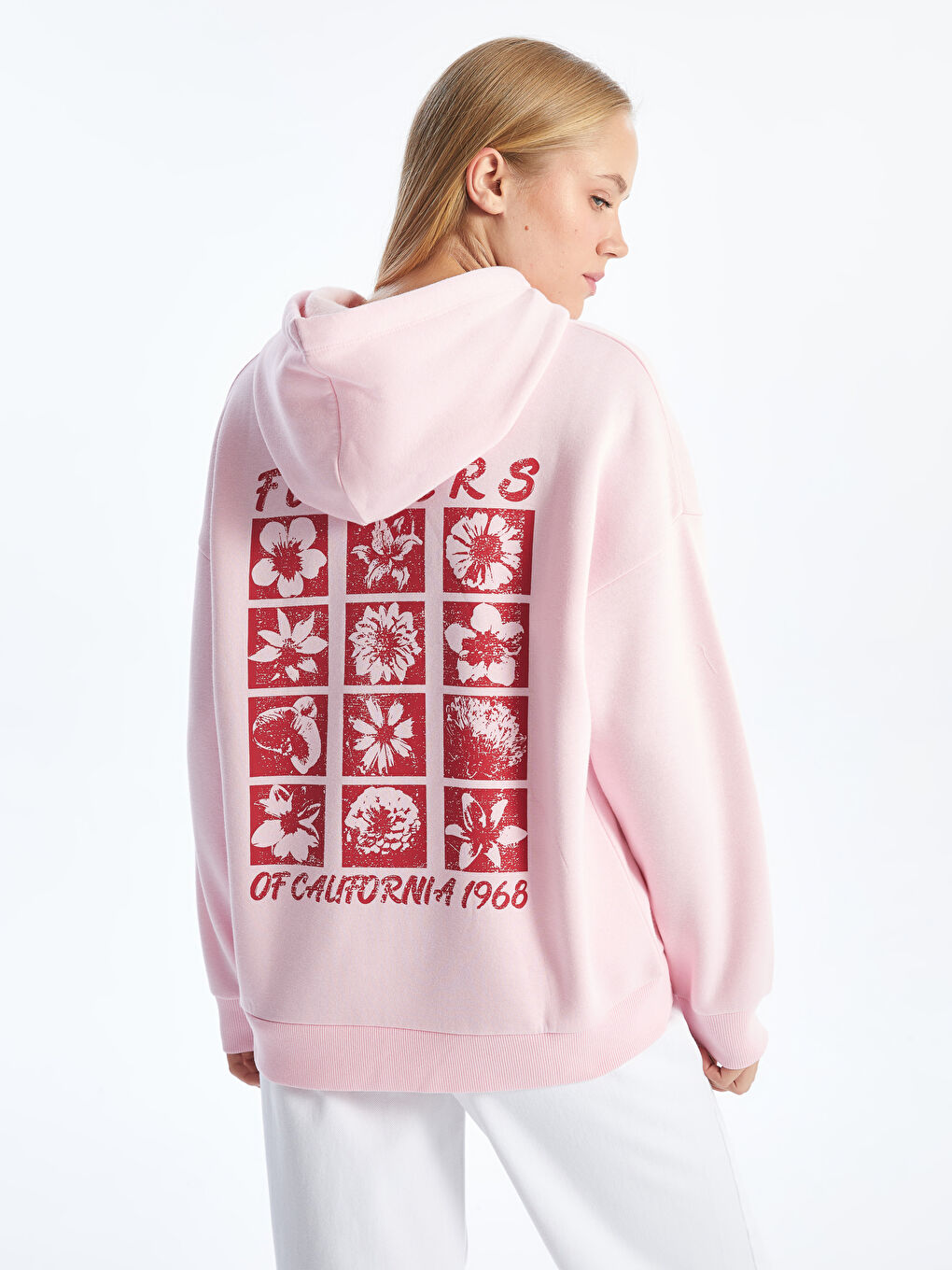 XSIDE Pembe Baskılı Oversize Kadın Kalın Hoodie