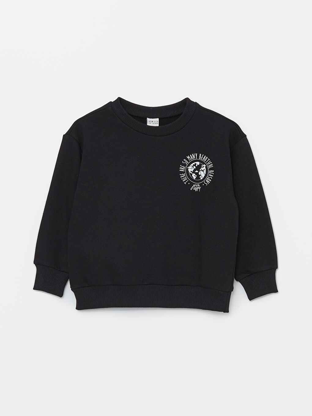 LCW ECO Yeni Siyah Bisiklet Yaka Baskılı Uzun Kollu Kız Çocuk Sweatshirt