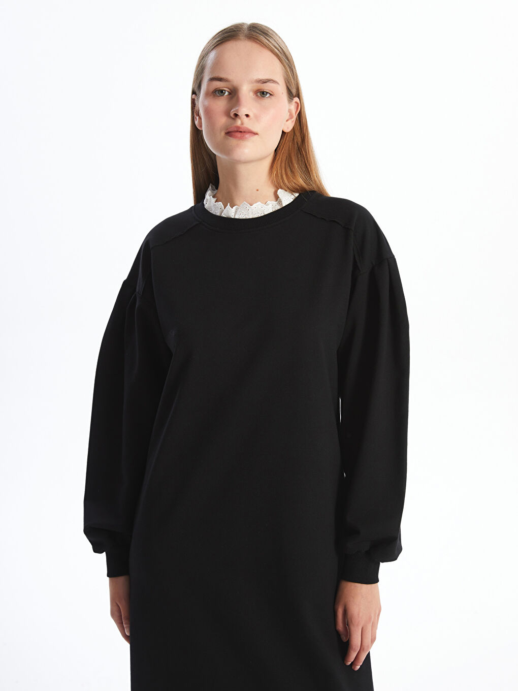 LCW Modest Siyah Fırfırlı Dik Yaka Kadın Sweatshirt Elbise - 1