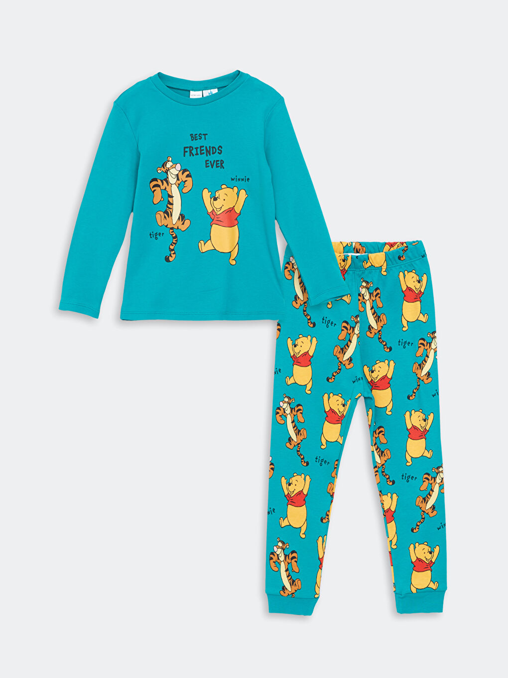 LCW baby Suyeşili Bisiklet Yaka Uzun Kollu Winnie the Pooh Baskılı Erkek Bebek Pijama Takımı