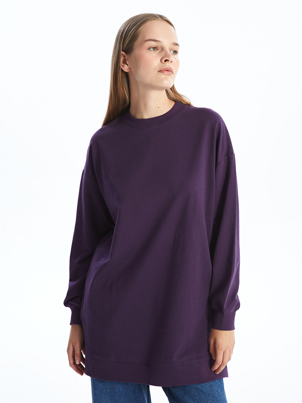 LCW Modest Koyu Mor Bisiklet Yaka Kadın Sweatshirt Tunik