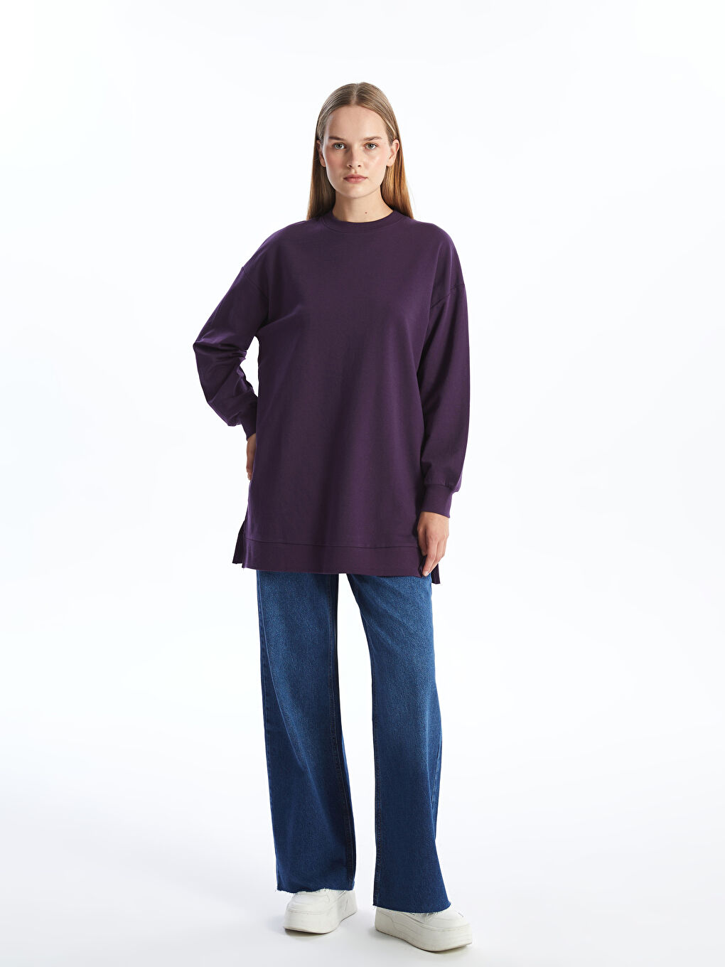 LCW Modest Koyu Mor Bisiklet Yaka Kadın Sweatshirt Tunik - 1