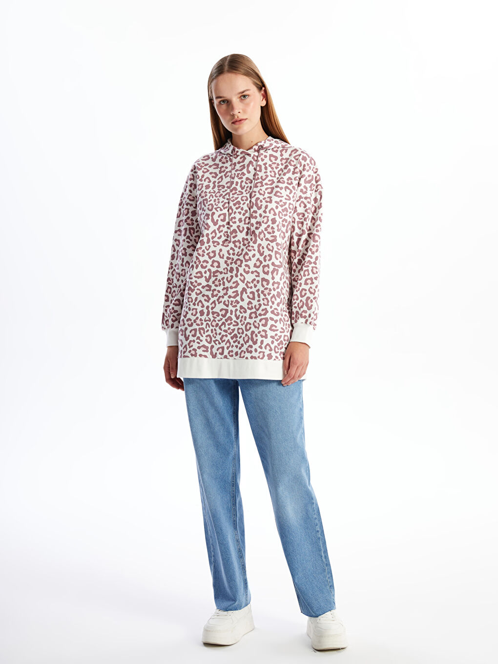 LCW Modest Mürdüm Kapüşonlu Leopar Desenli Kadın Sweatshirt Tunik - 1