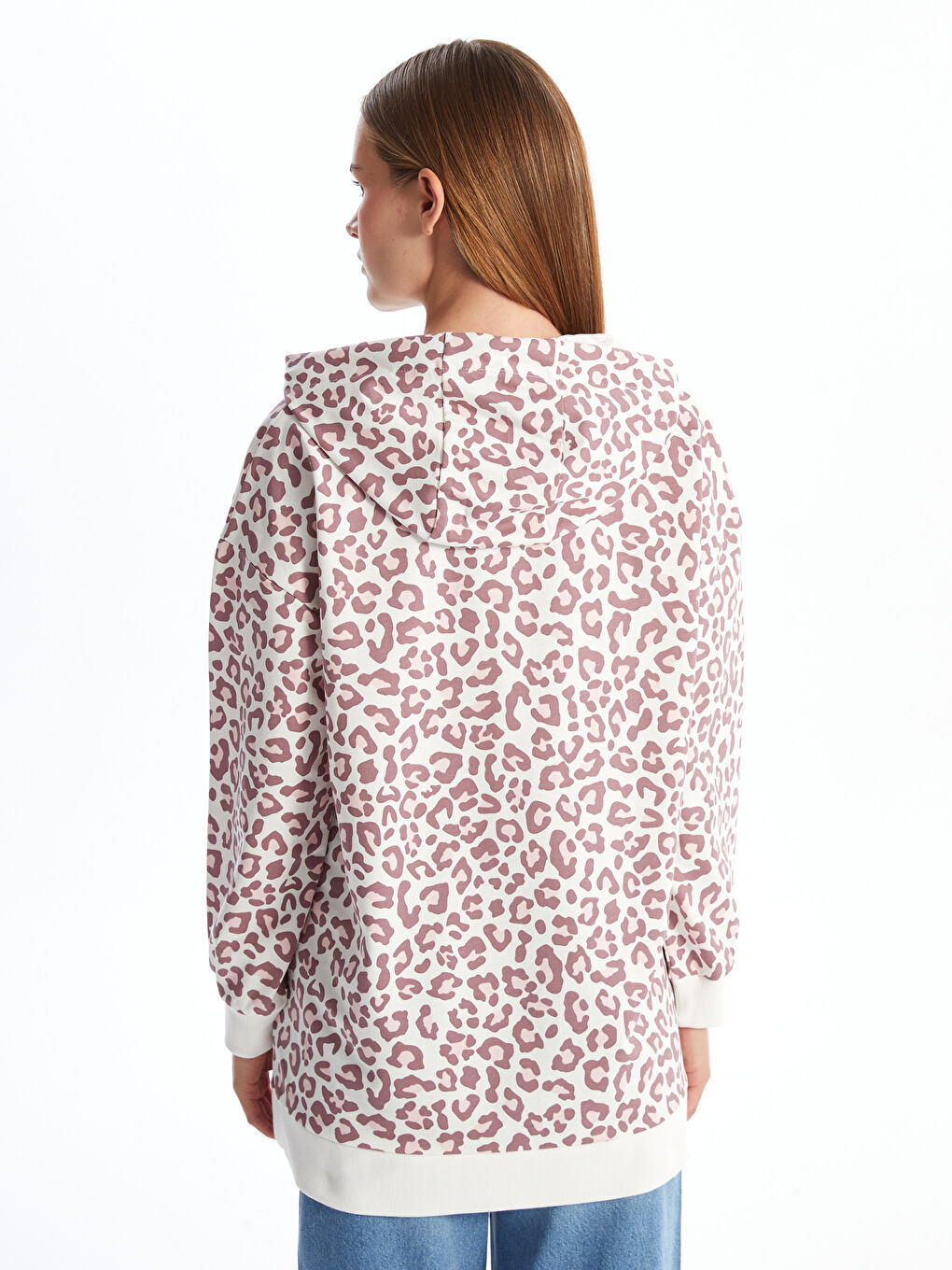 LCW Modest Mürdüm Kapüşonlu Leopar Desenli Kadın Sweatshirt Tunik - 3