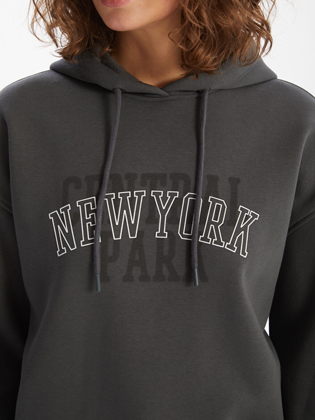 LCW Vision Gri New York Baskılı Oversize Kadın Kalın Hoodie - 2