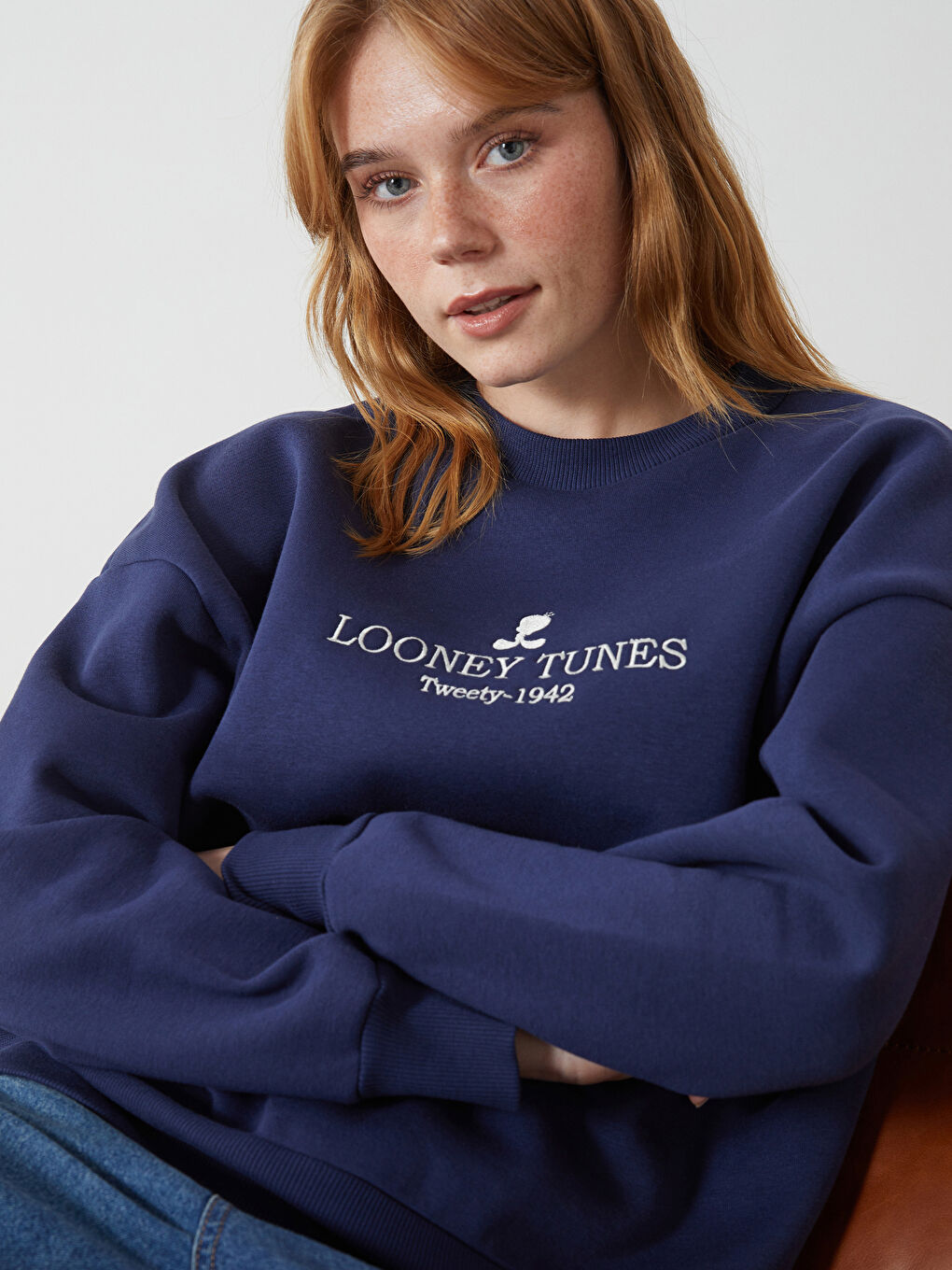 Lacivert Tweety Nakışlı Oversize Kadın Kalın Sweatshirt