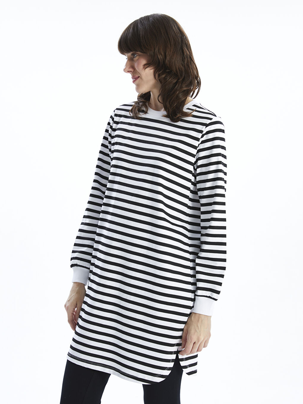 Crew Neck Striped Long Sleeve Women's Sweatshirt Tunic -W4H489Z8-LEG