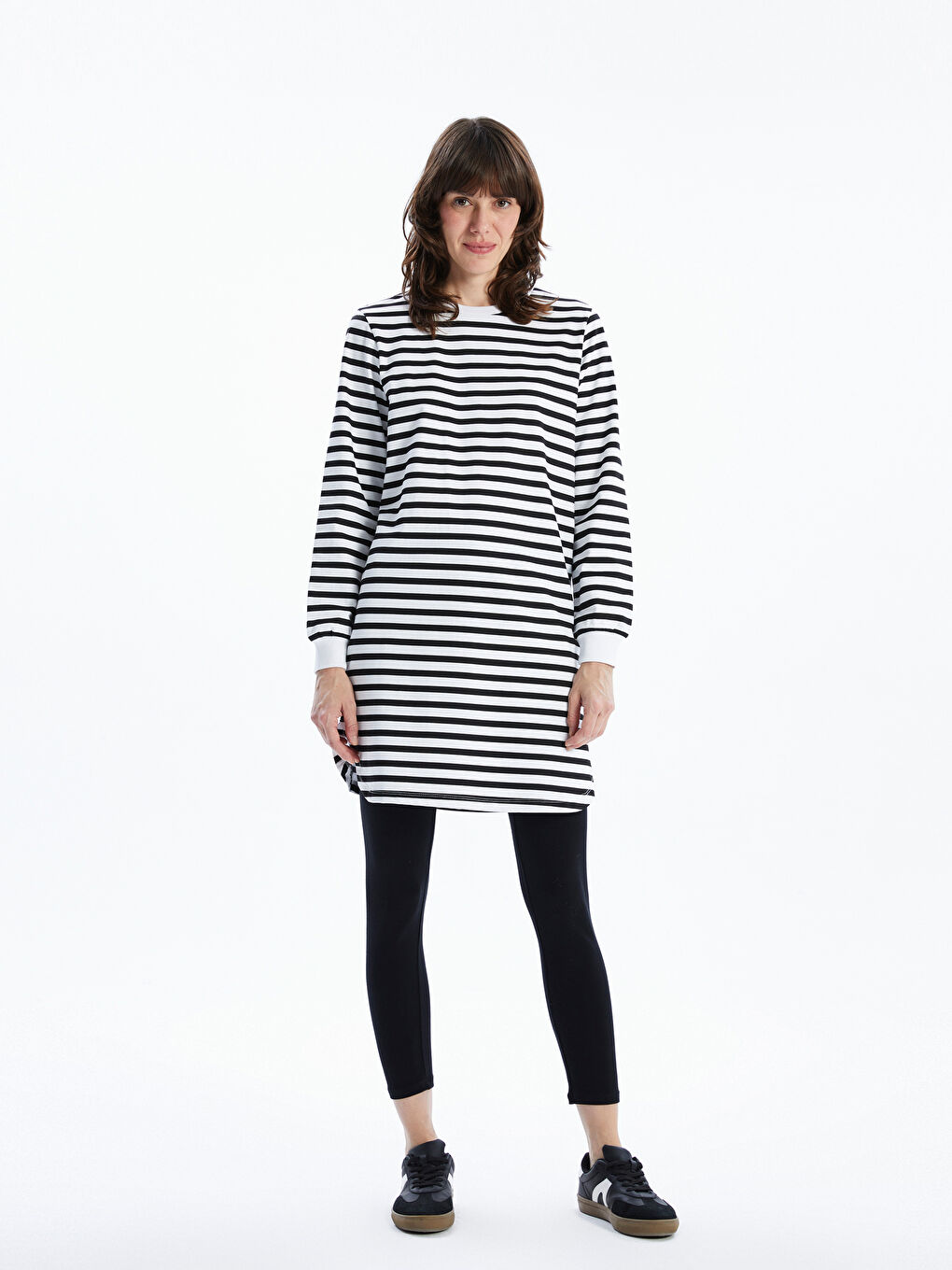 Crew Neck Striped Long Sleeve Women's Sweatshirt Tunic -W4H489Z8-LEG
