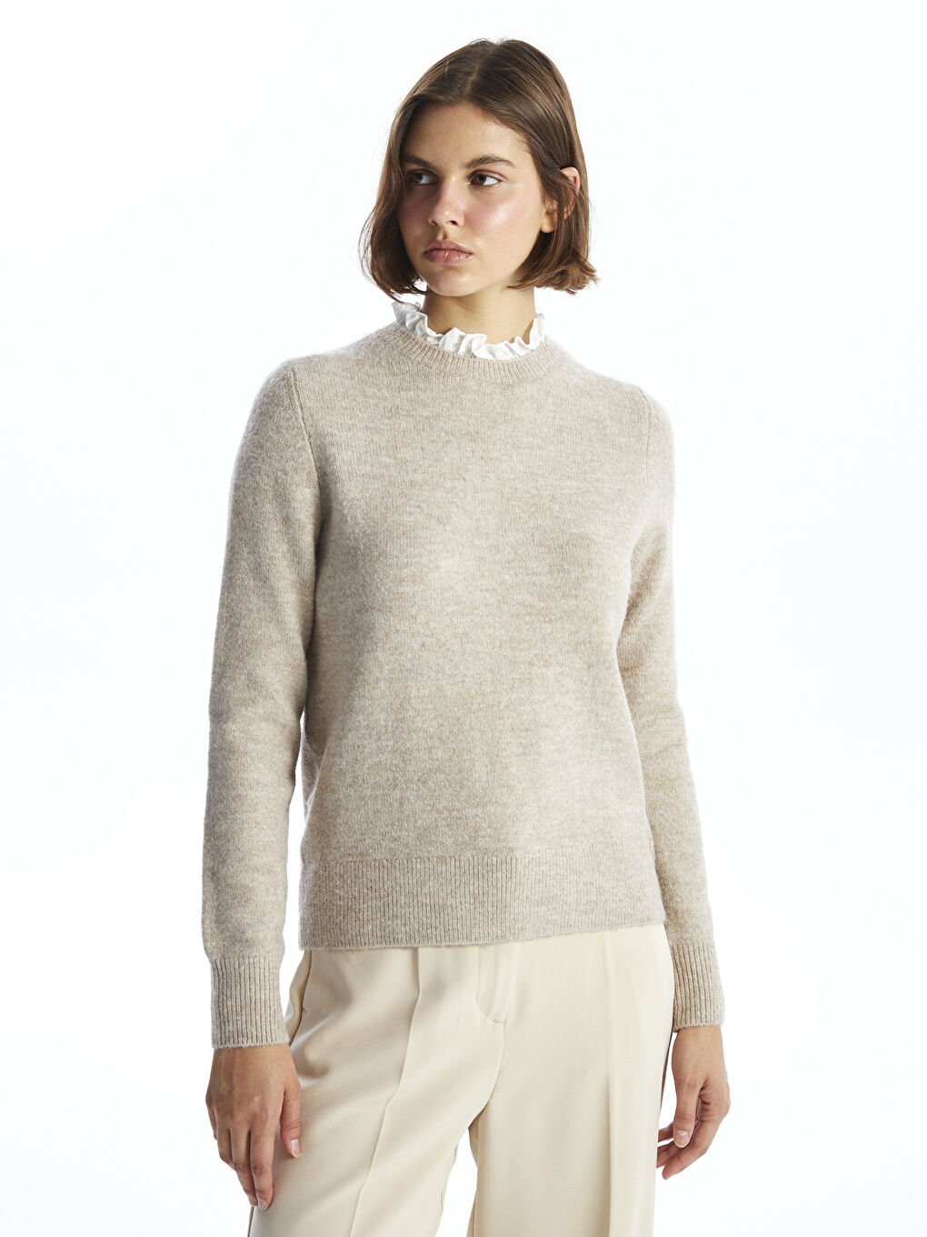 Gerüschter Trichterkragen Damen Strickpullover
