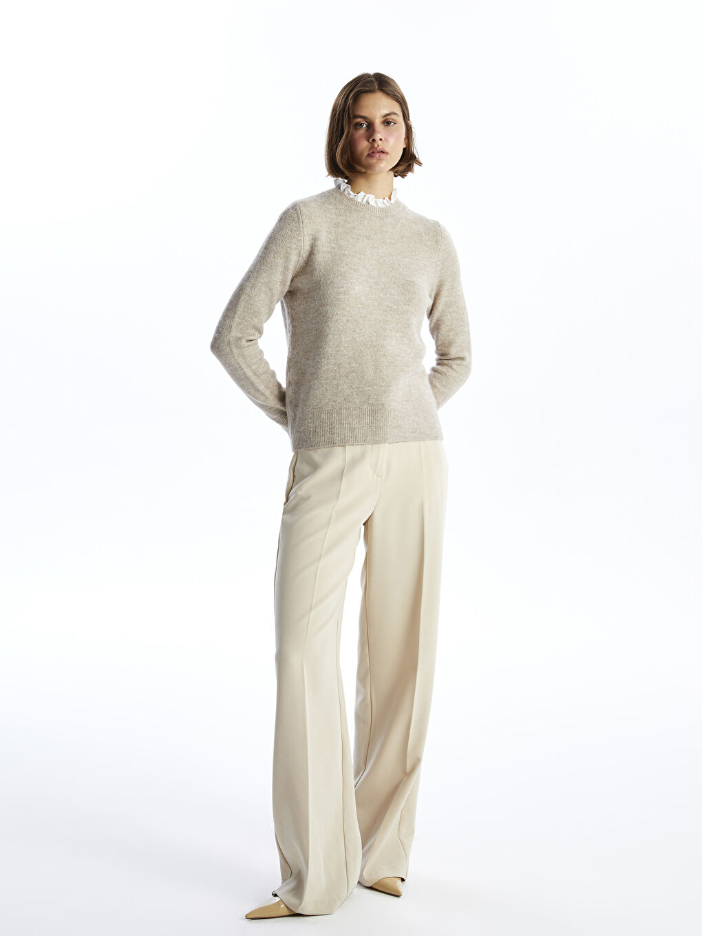 Gerüschter Trichterkragen Damen Strickpullover-1