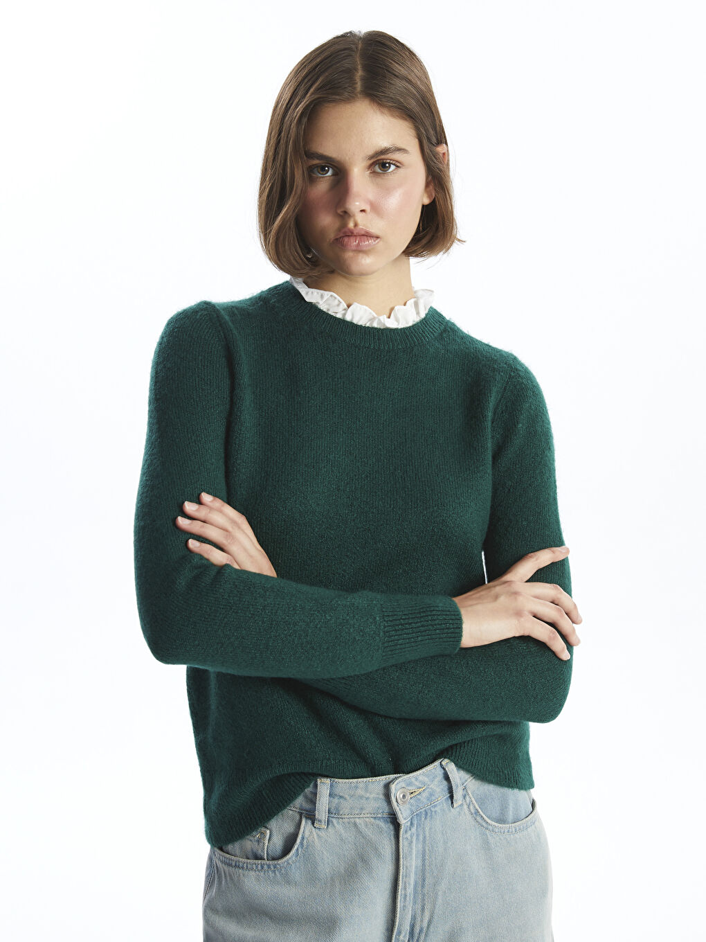 Πουλόβερ Πλεκτό με Λαιμό Χωνί και Βολάν για Γυναίκες