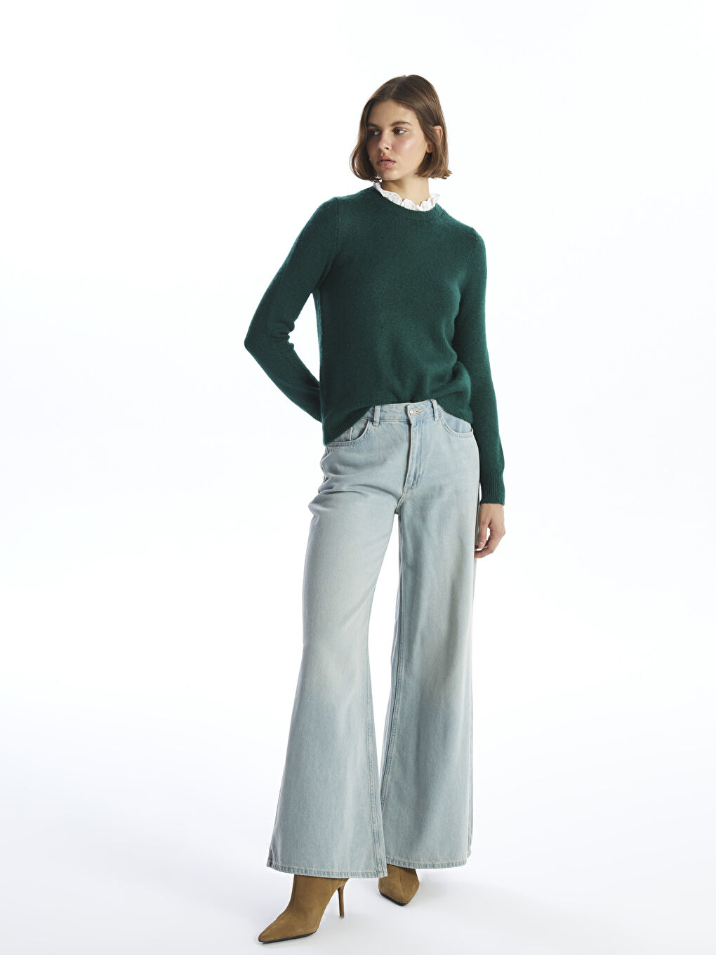 Πουλόβερ Πλεκτό με Λαιμό Χωνί και Βολάν για Γυναίκες-1